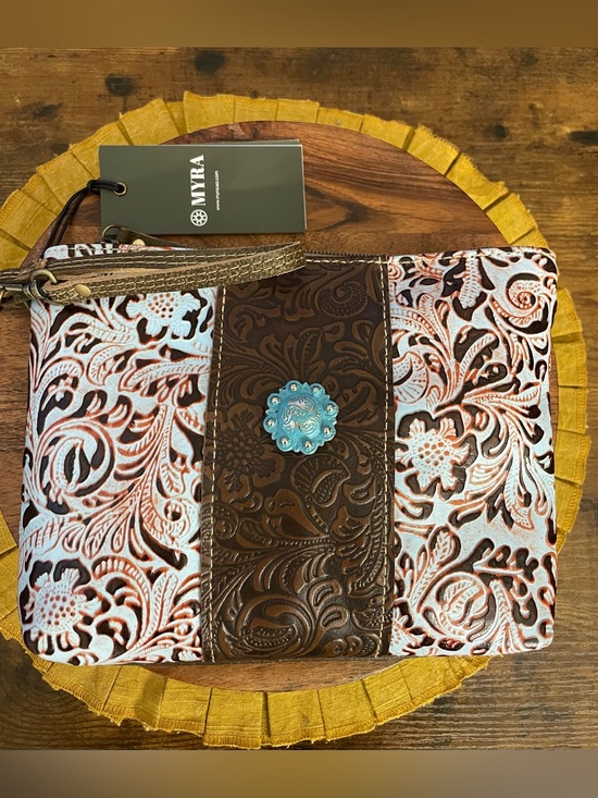 Myra Bag Handbags - MYRA Aqua Tooled Leather Wristlet